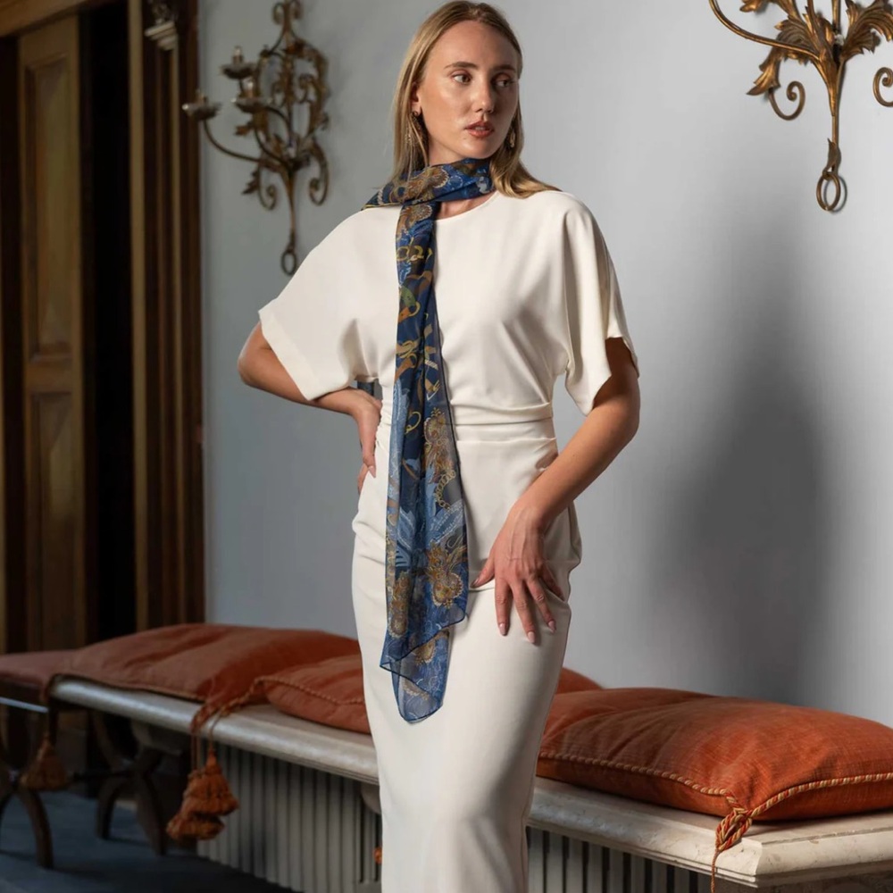 Elizabetta Alessandra Long Silk Scarf Navy - Picture 2 of 9